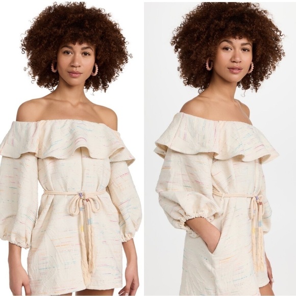 Something Navy Pants - Something Navy Rainbow Ruffle Off Shoulder Romper Cream Multicolor Small
